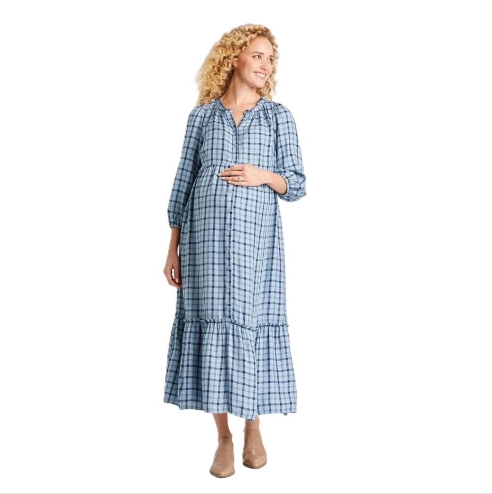 Isabel Maternity Blue Plaid Maxi Dress Size M